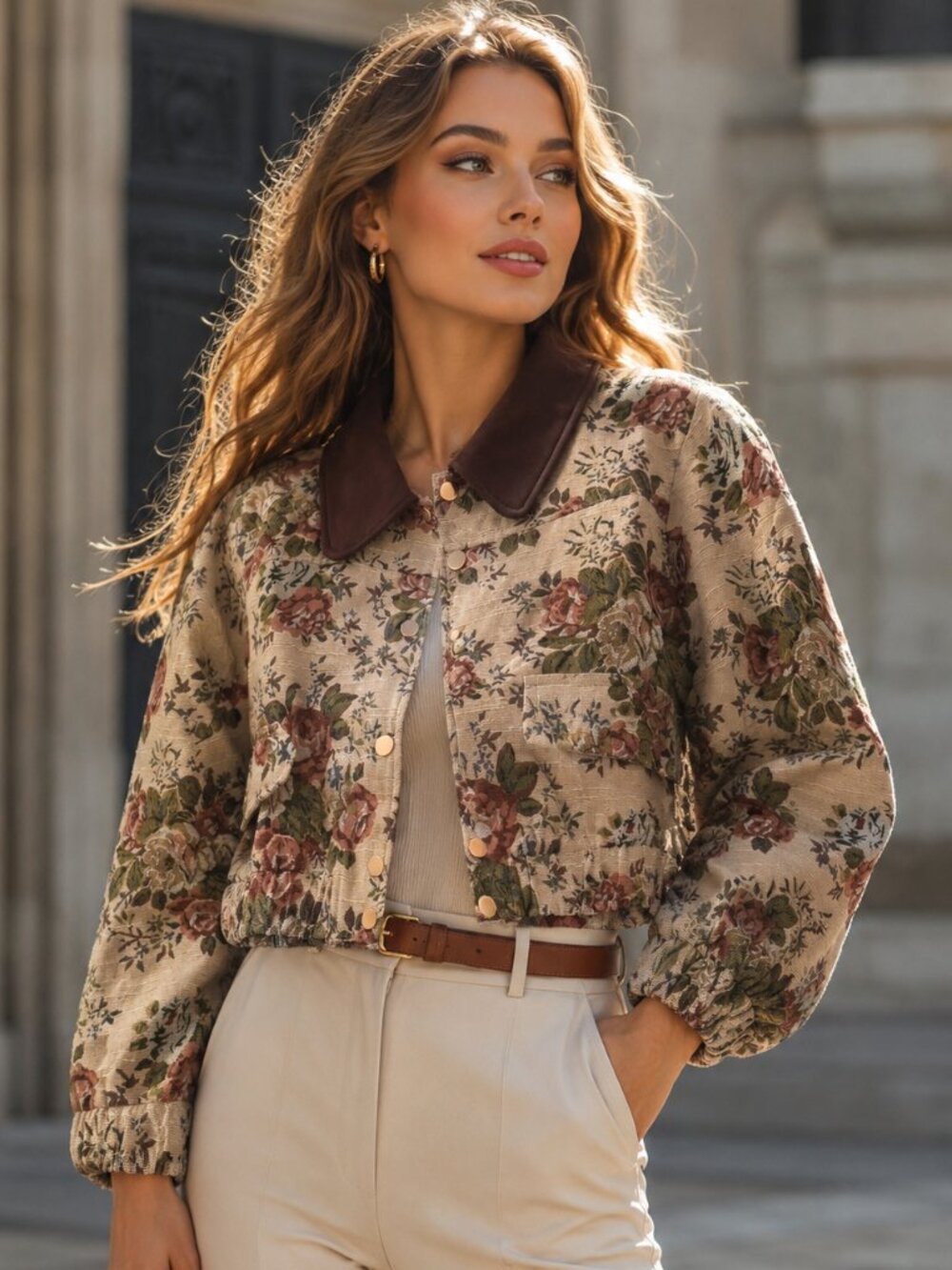 Alice Blue Cropped Tapestry Jacket with Floral Print and Contrast Collar Size M